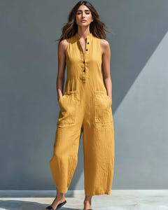 Dulcie | Sleeveless Button-Front Linen Jumpsuit – Yellow