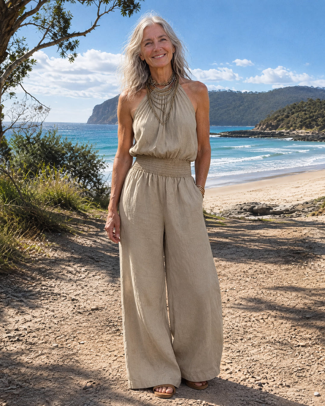 Dagny | Halter-Neck Smocked Linen Jumpsuit on Bruny Island