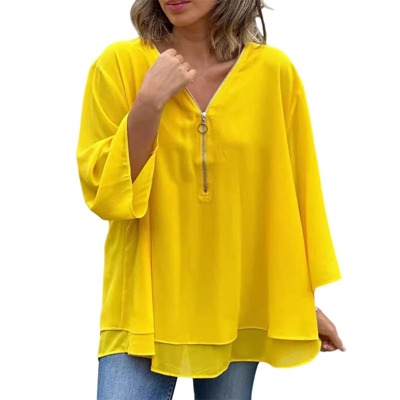 Ingrid | Flowy Chiffon Zip-Front Blouse