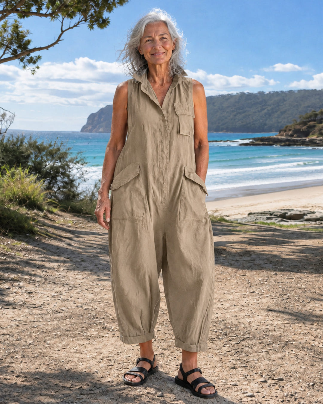 Marlo | Utility Pocket Linen Jumpsuit on Bruny Island, Khaki colourway
