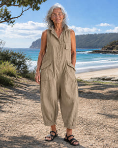 Marlo | Utility Pocket Linen Jumpsuit on Bruny Island, Khaki colourway
