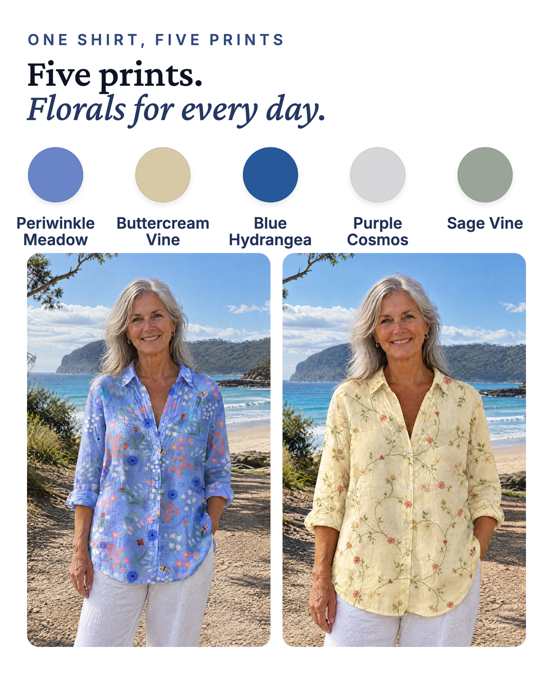 Bea | Floral Print Longline Shirt available in 5 colours: periwinkle meadow, buttercream vine, blue hydrangea, purple cosmos, sage vine
