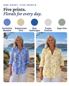 Bea | Floral Print Longline Shirt available in 5 colours: periwinkle meadow, buttercream vine, blue hydrangea, purple cosmos, sage vine