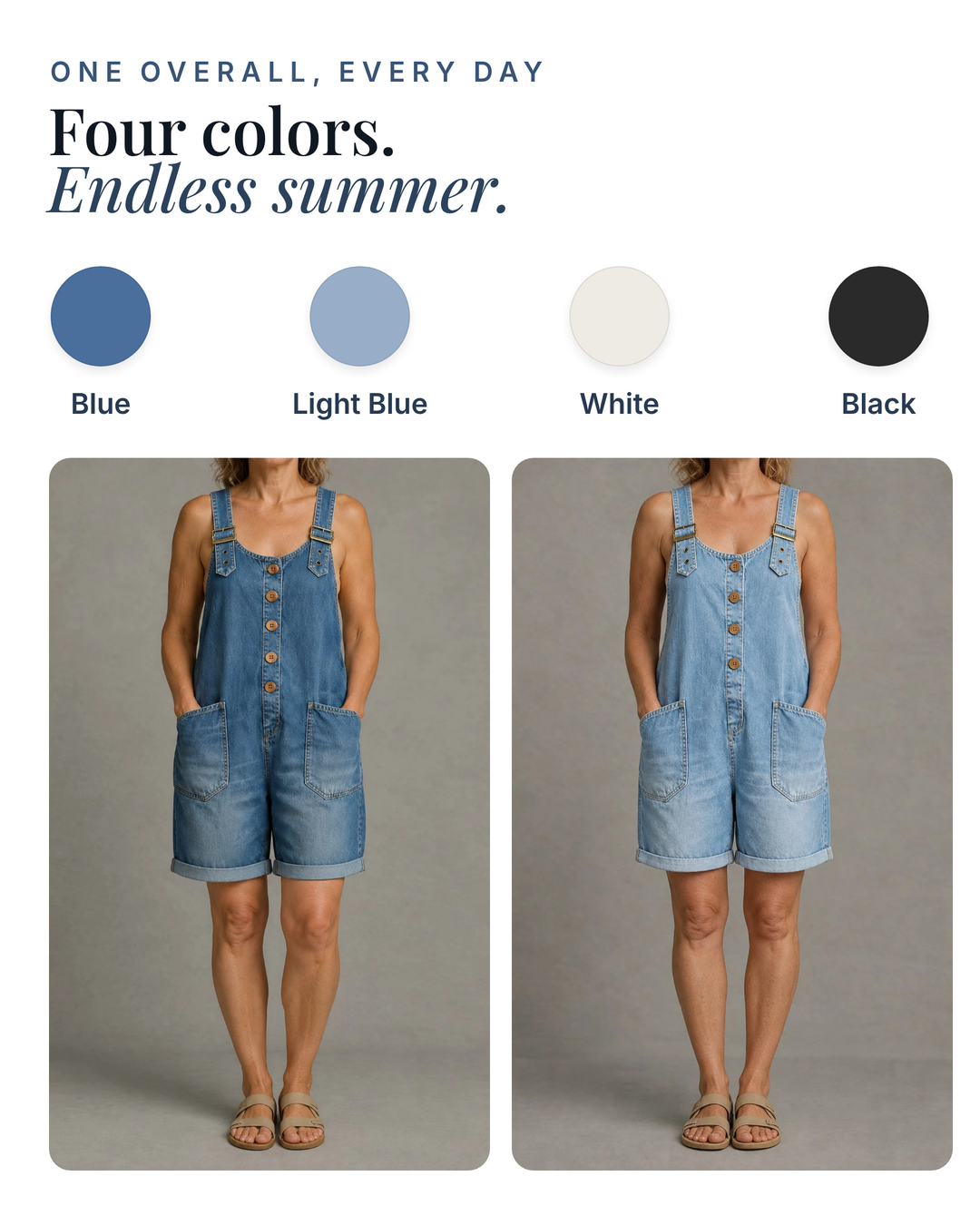 Billie | Relaxed Denim Overall Shorts available in 4 colours: blue, light blue, white, black