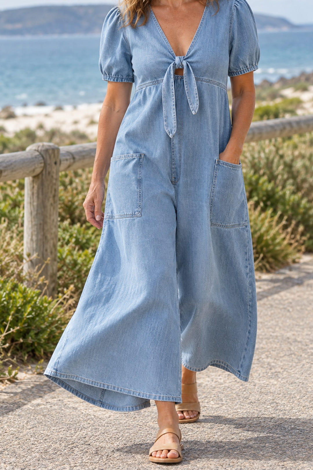 Tie-front wide-leg jumpsuit in light blue on a coastal walk