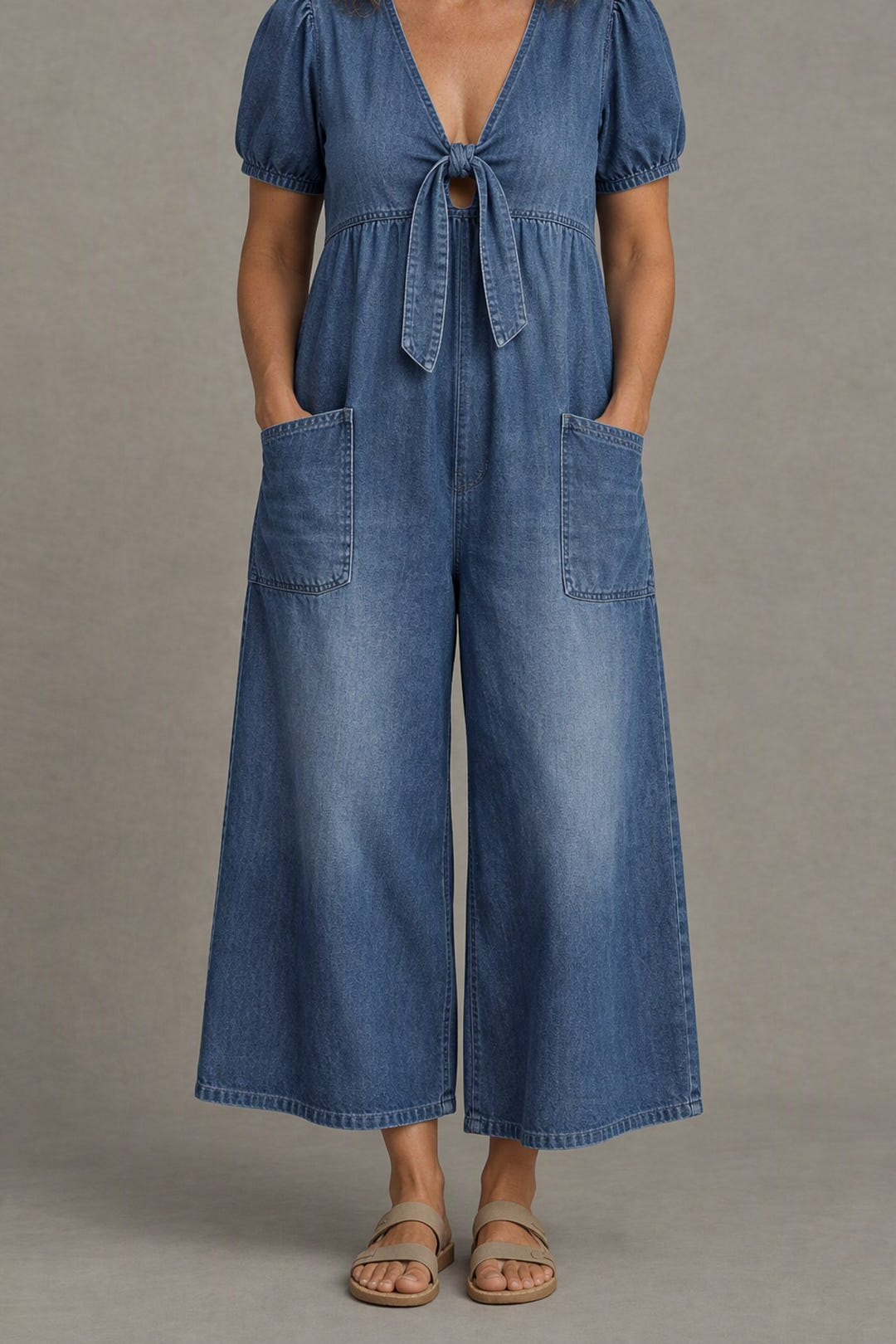 Tie-Front Wide-Leg Jumpsuit in blue