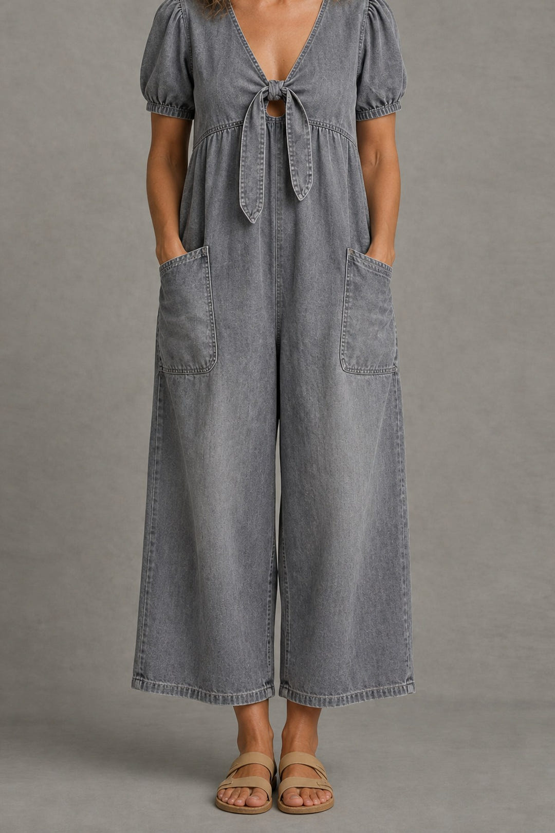 Tie-Front Wide-Leg Jumpsuit in grey