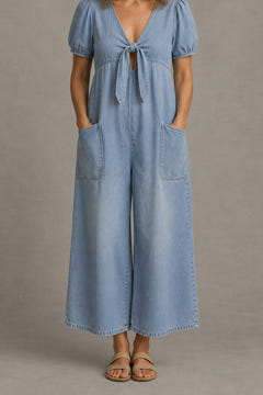 Tie-Front Wide-Leg Jumpsuit in light blue
