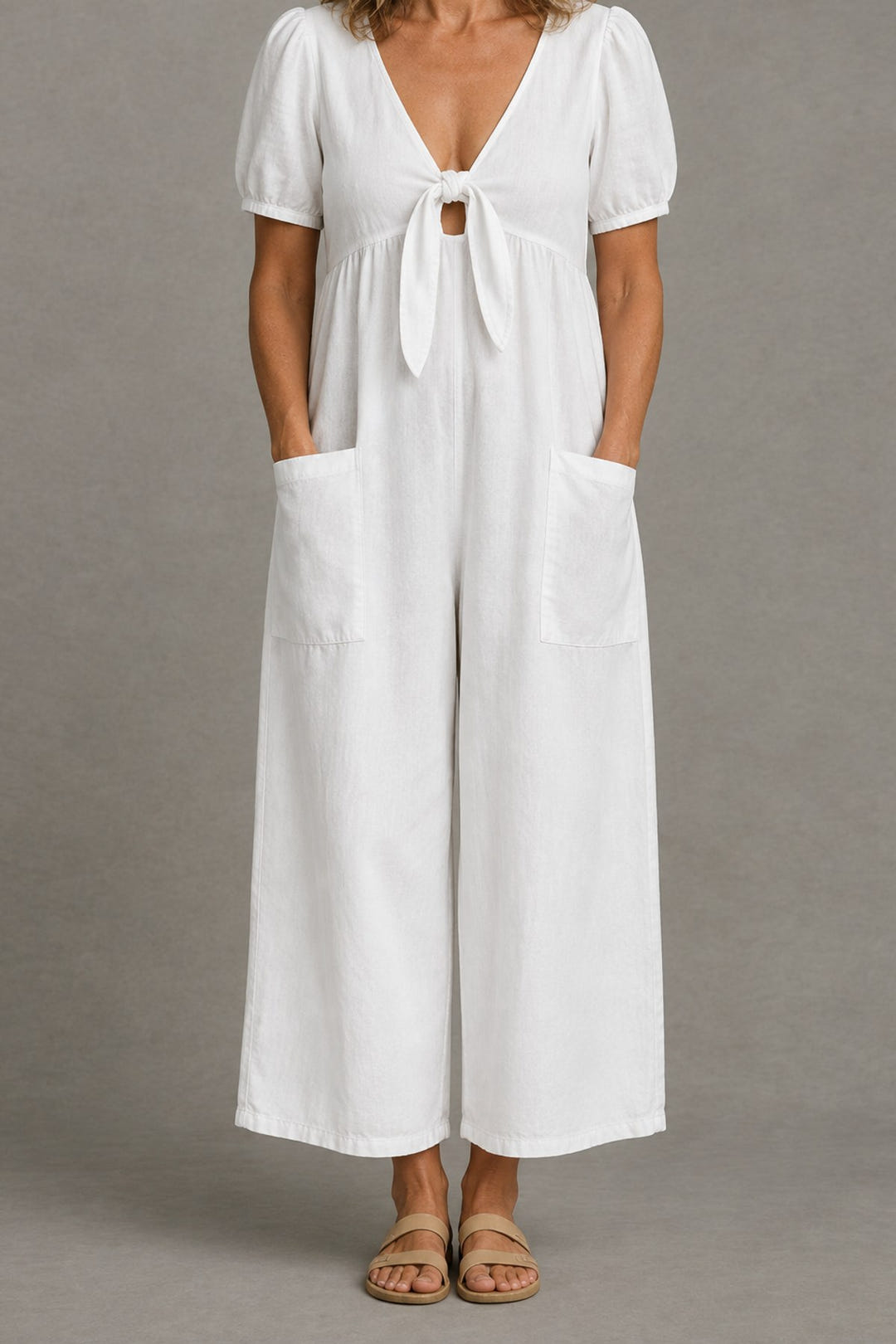 Tie-Front Wide-Leg Jumpsuit in white
