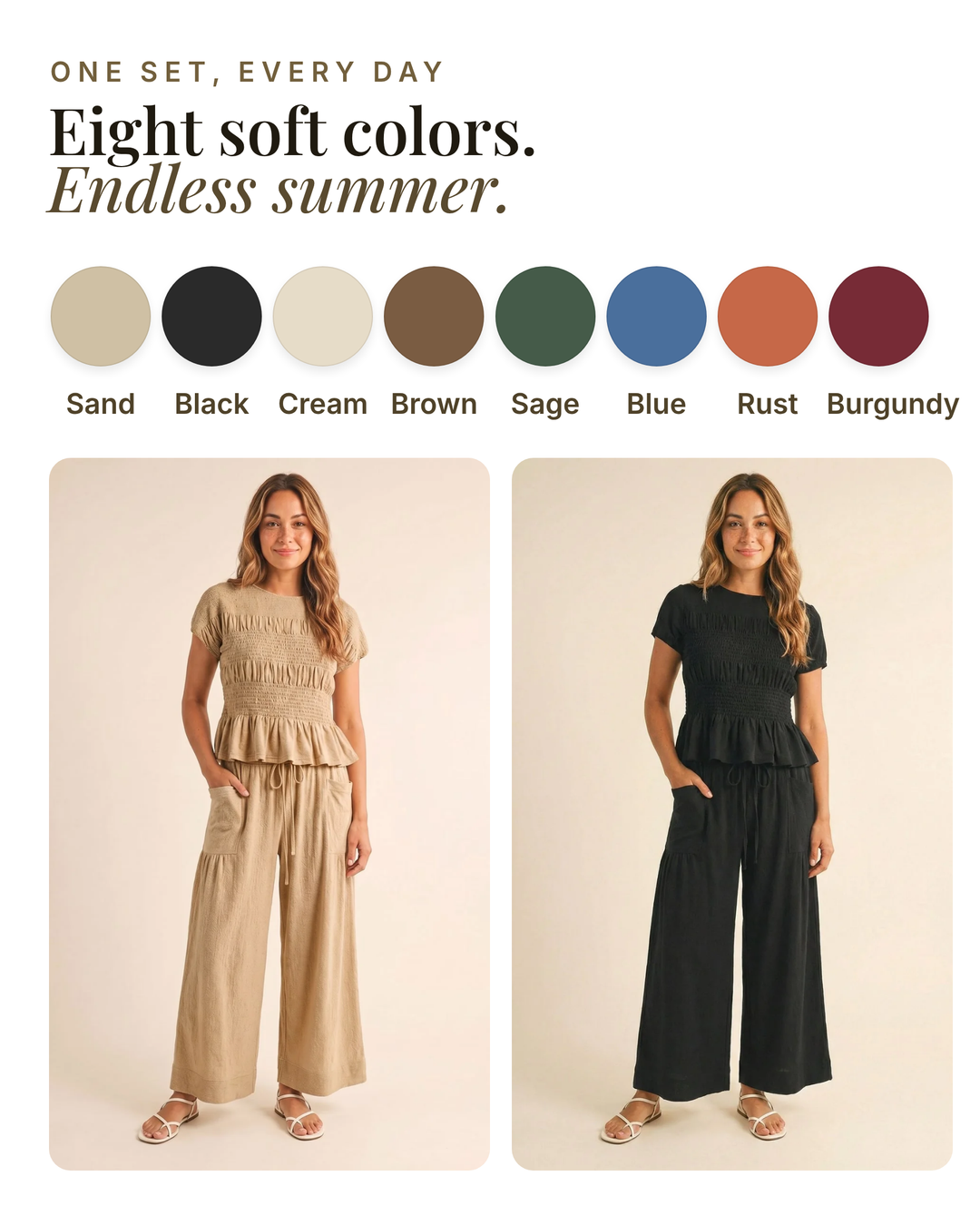 Bobbie | Smocked Top & Wide-Leg Pants Set available in 8 colours: sand, black, cream, brown, sage, blue, rust, burgundy