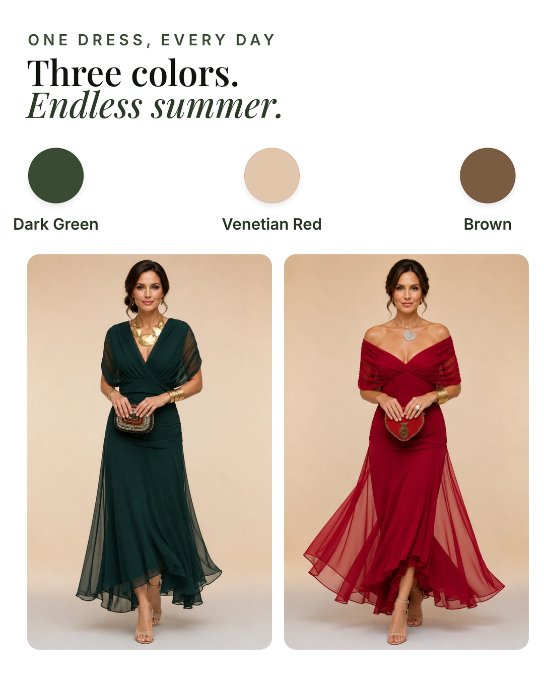 Bronte | Flowing Maxi Dress available in 3 colours: dark green, venetian red, brown