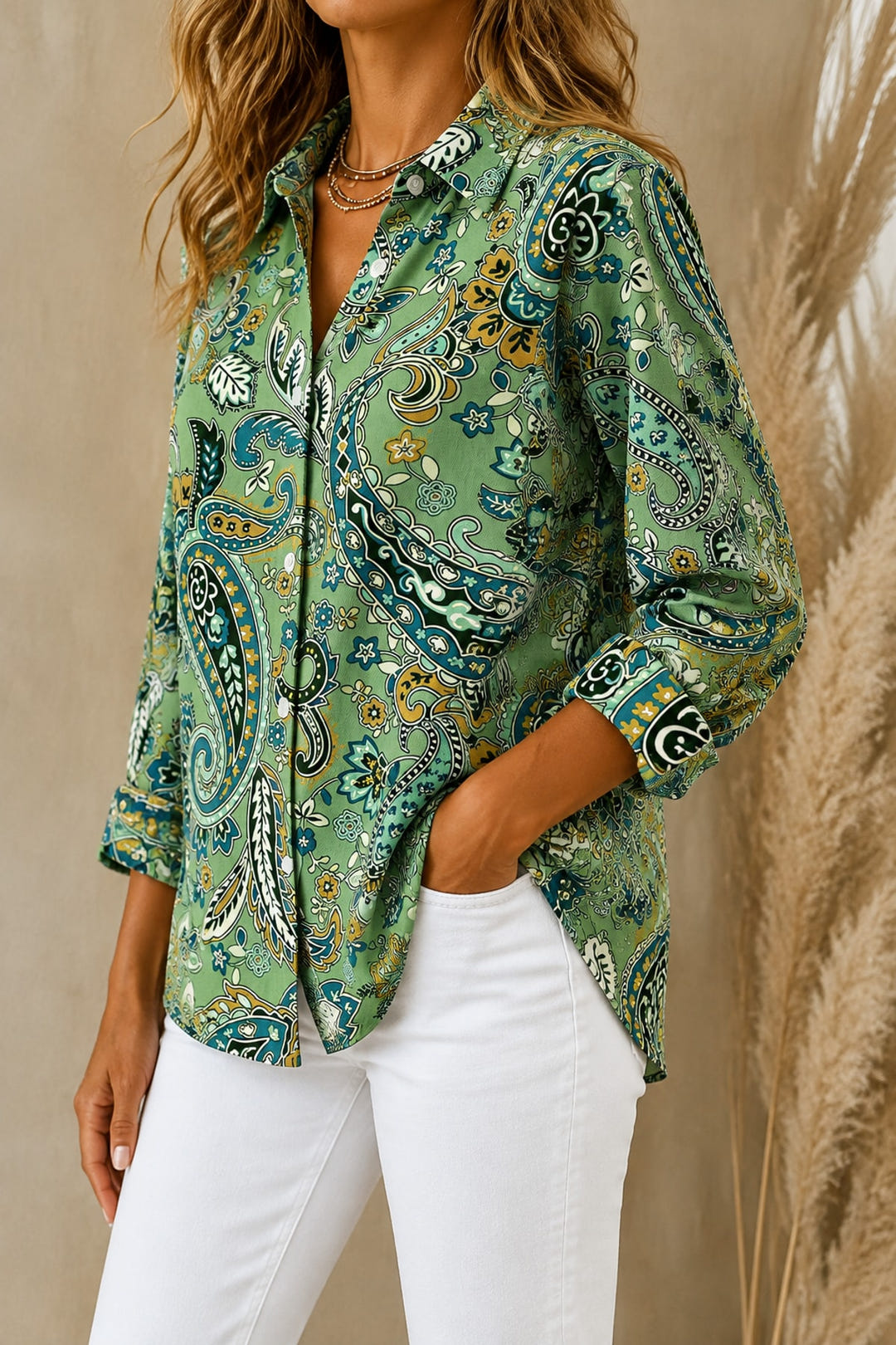 Sage blouse, three-quarter view