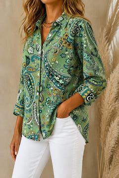 Sage blouse, three-quarter view