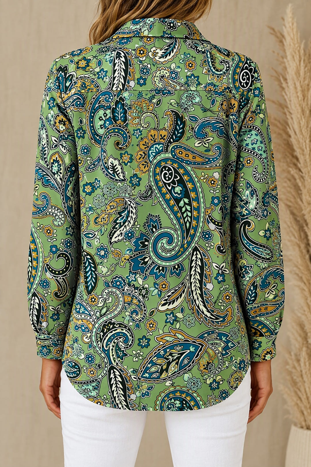 Sage blouse, back view
