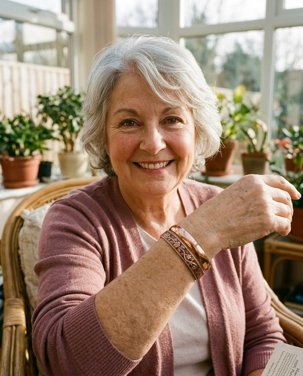 Woman wearing copper engraved cuff