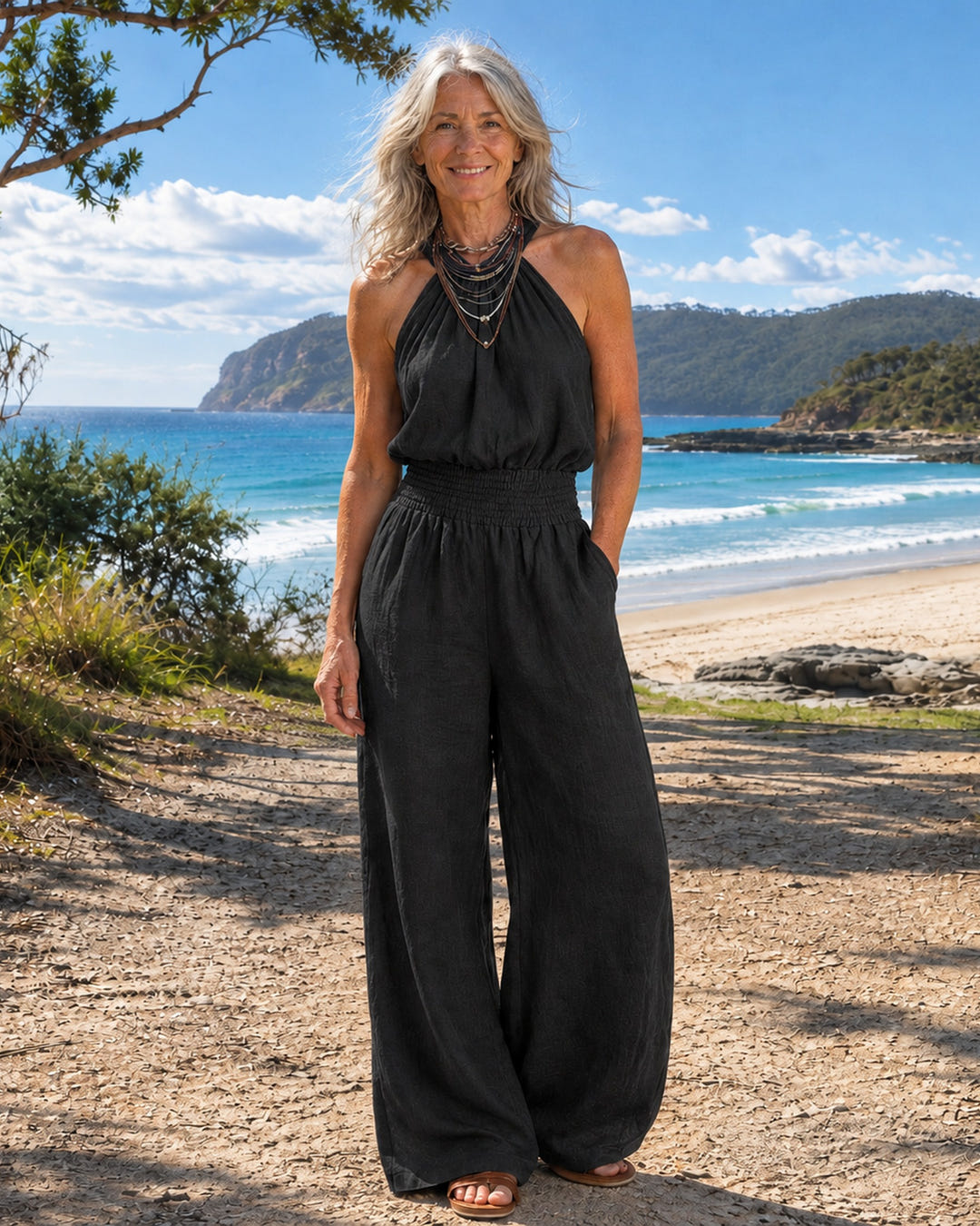 Britta | Cross-Neck Wide-Leg Jumpsuit on Bruny Island, Black colourway