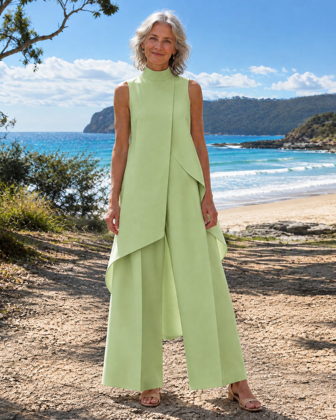 Sidonie | Asymmetric Layered Wide-Leg Jumpsuit on Bruny Island, Sage Green colourway