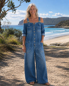 Frida | Off-Shoulder Denim Dungaree Jumpsuit on Bruny Island