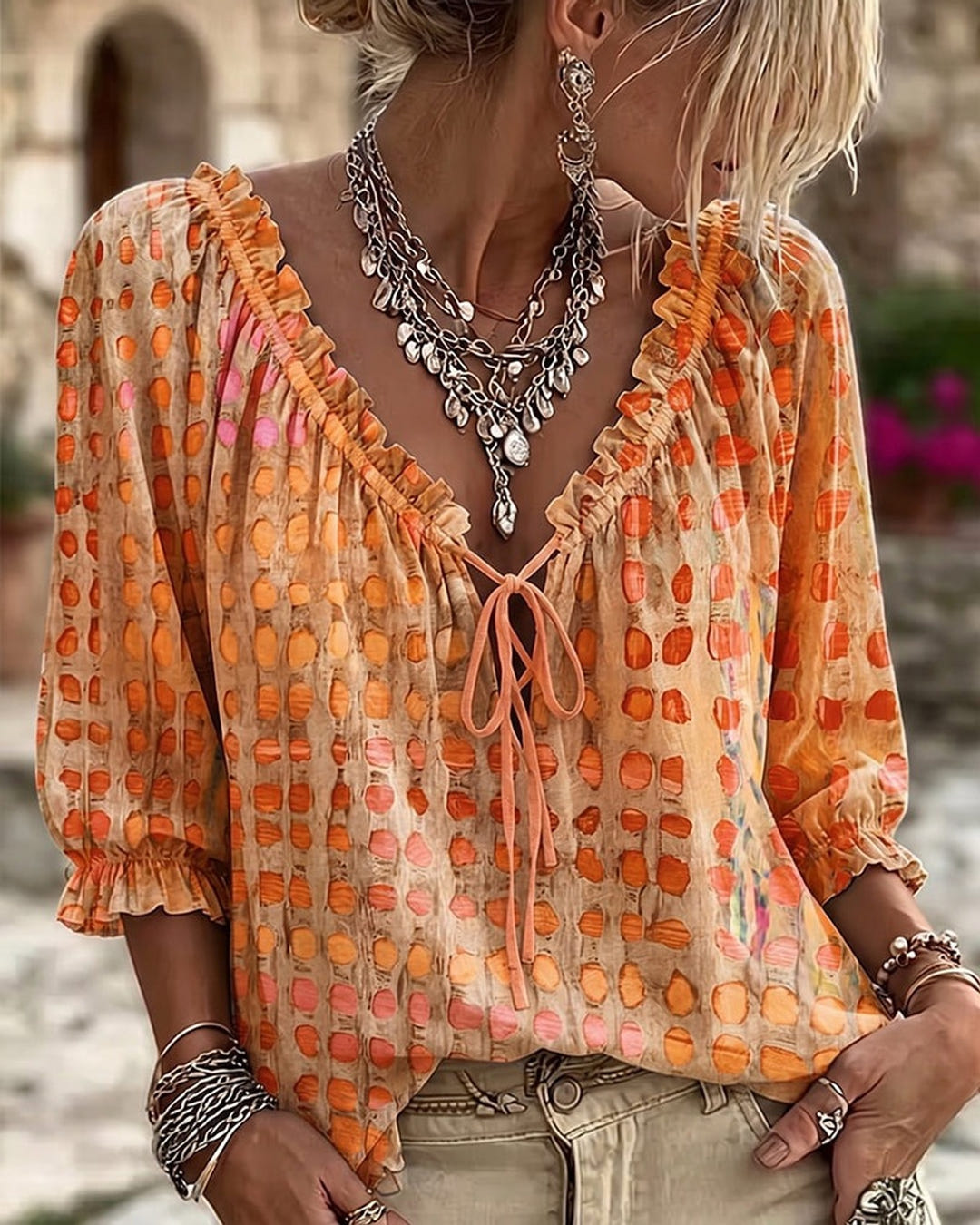 Mila | Boho Print Tie-Neck Blouse – Orange