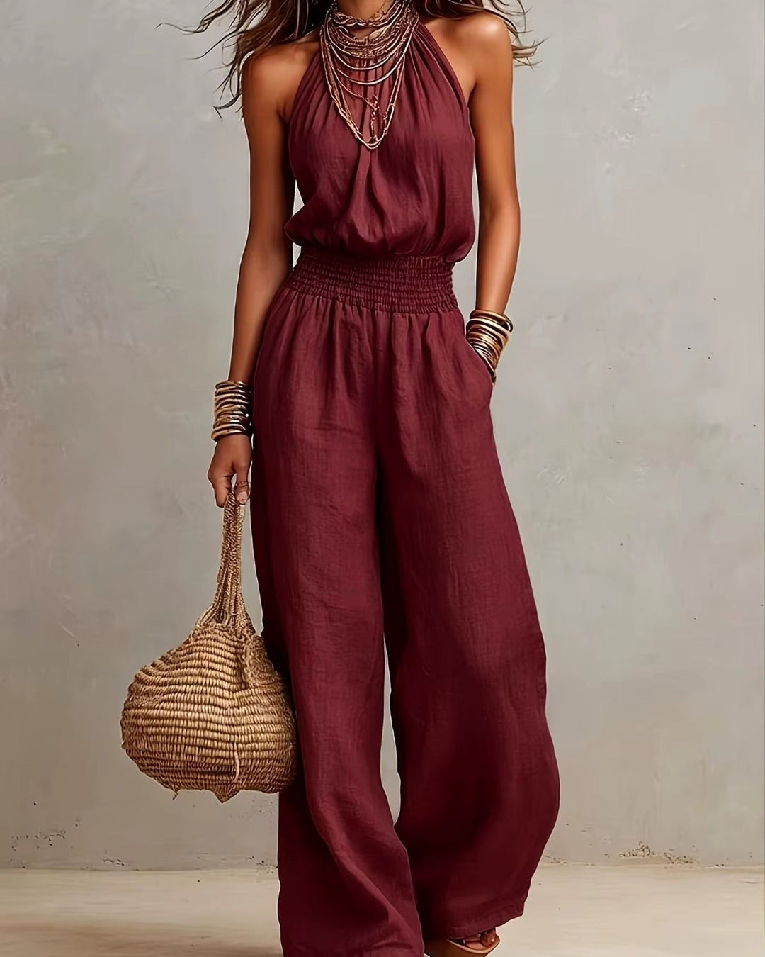 Dagny | Halter-Neck Smocked Linen Jumpsuit – Burgundy