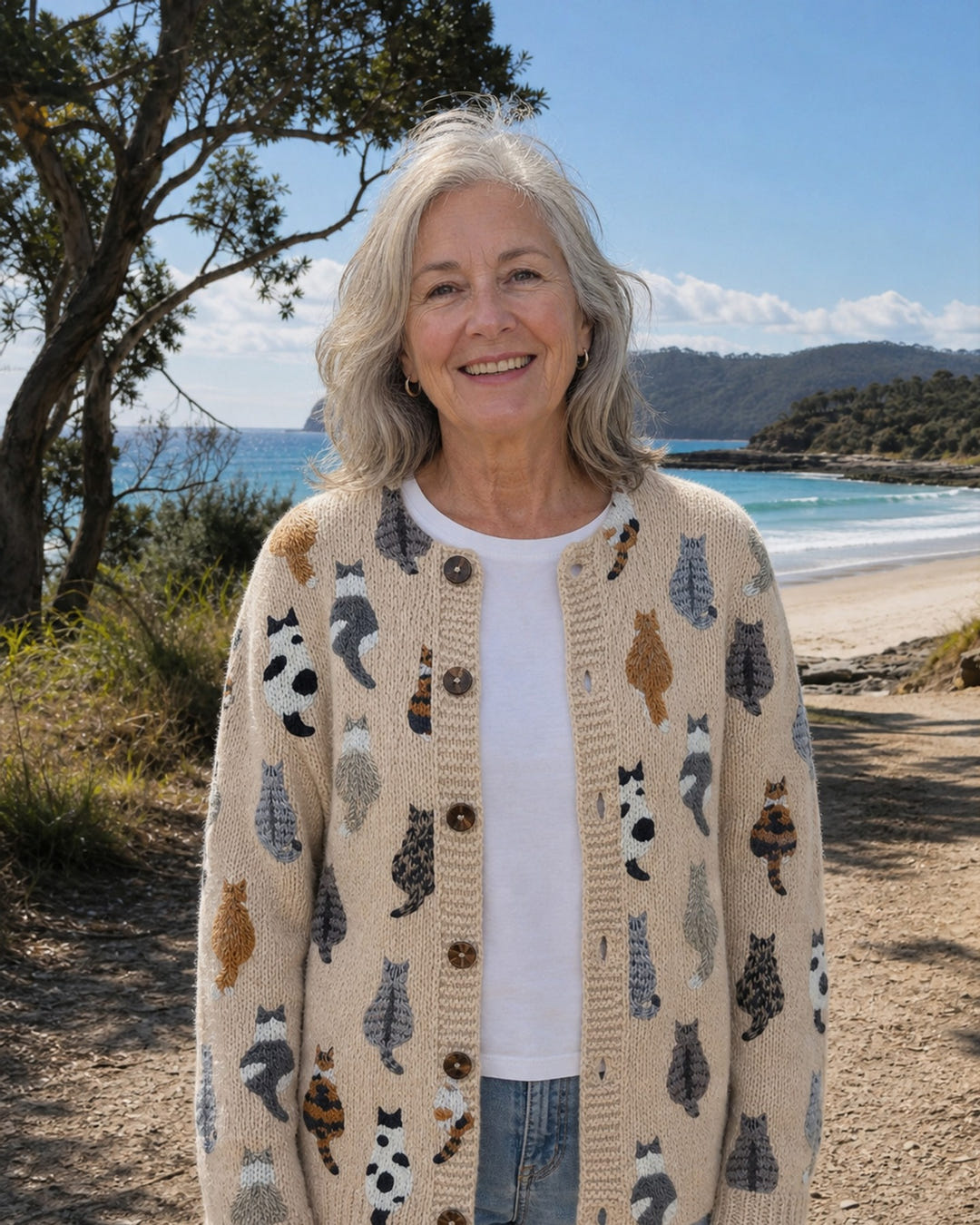 Lulu | Cat Print Button Cardigan on Bruny Island