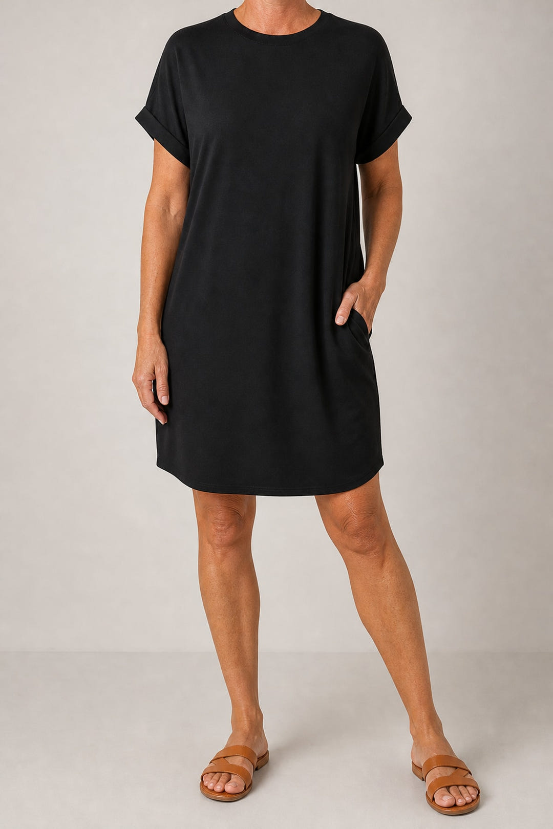 Relaxed batwing T-shirt dress in black, full length