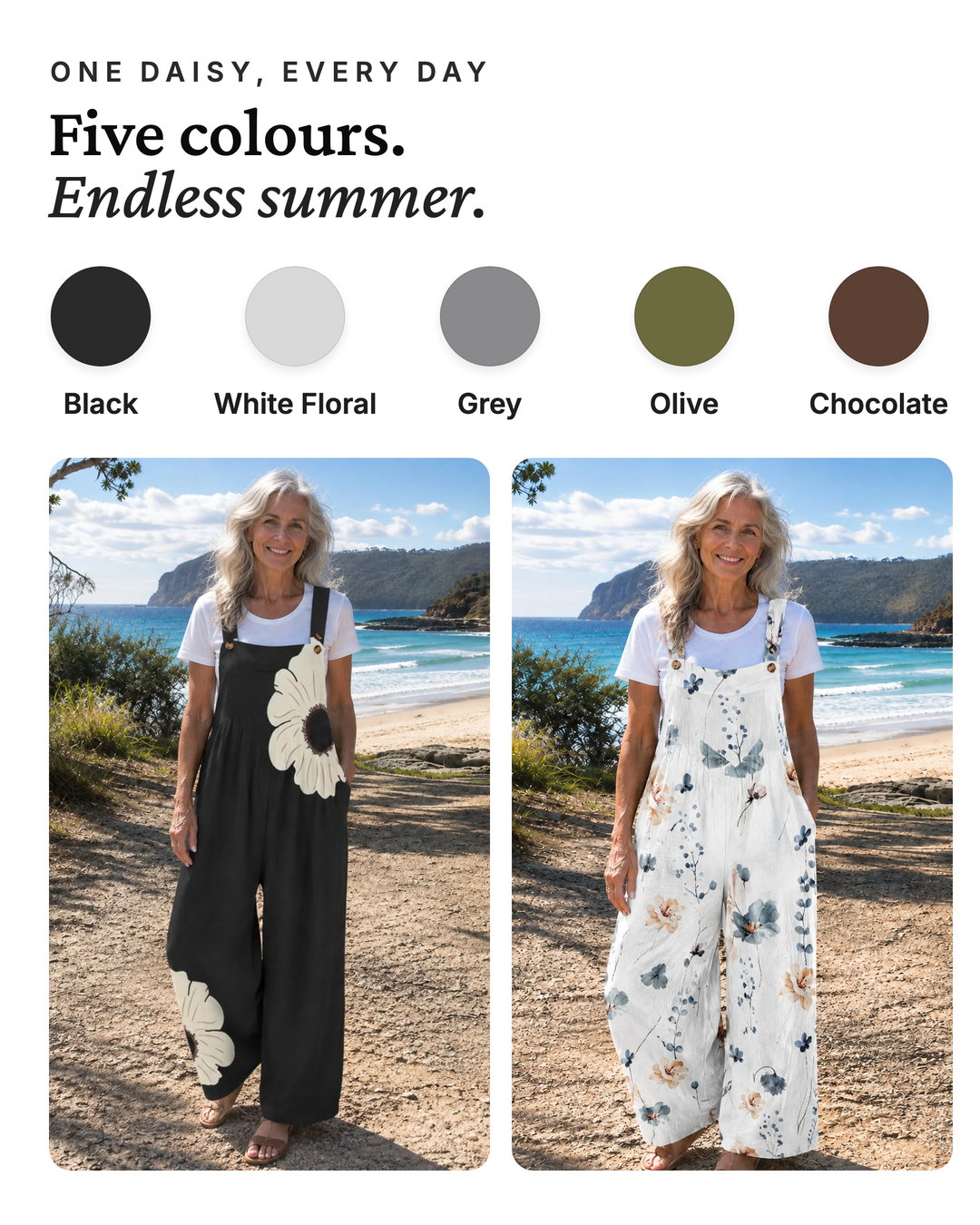 Clover | Daisy Print Wide-Leg Dungarees available in 5 colours: black, white floral, grey, olive, chocolate