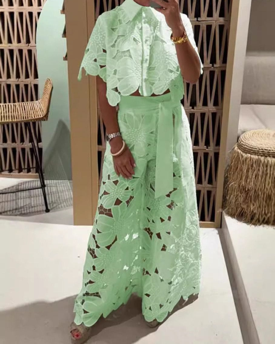 Coralie lace shirt and wide-leg trousers set in green