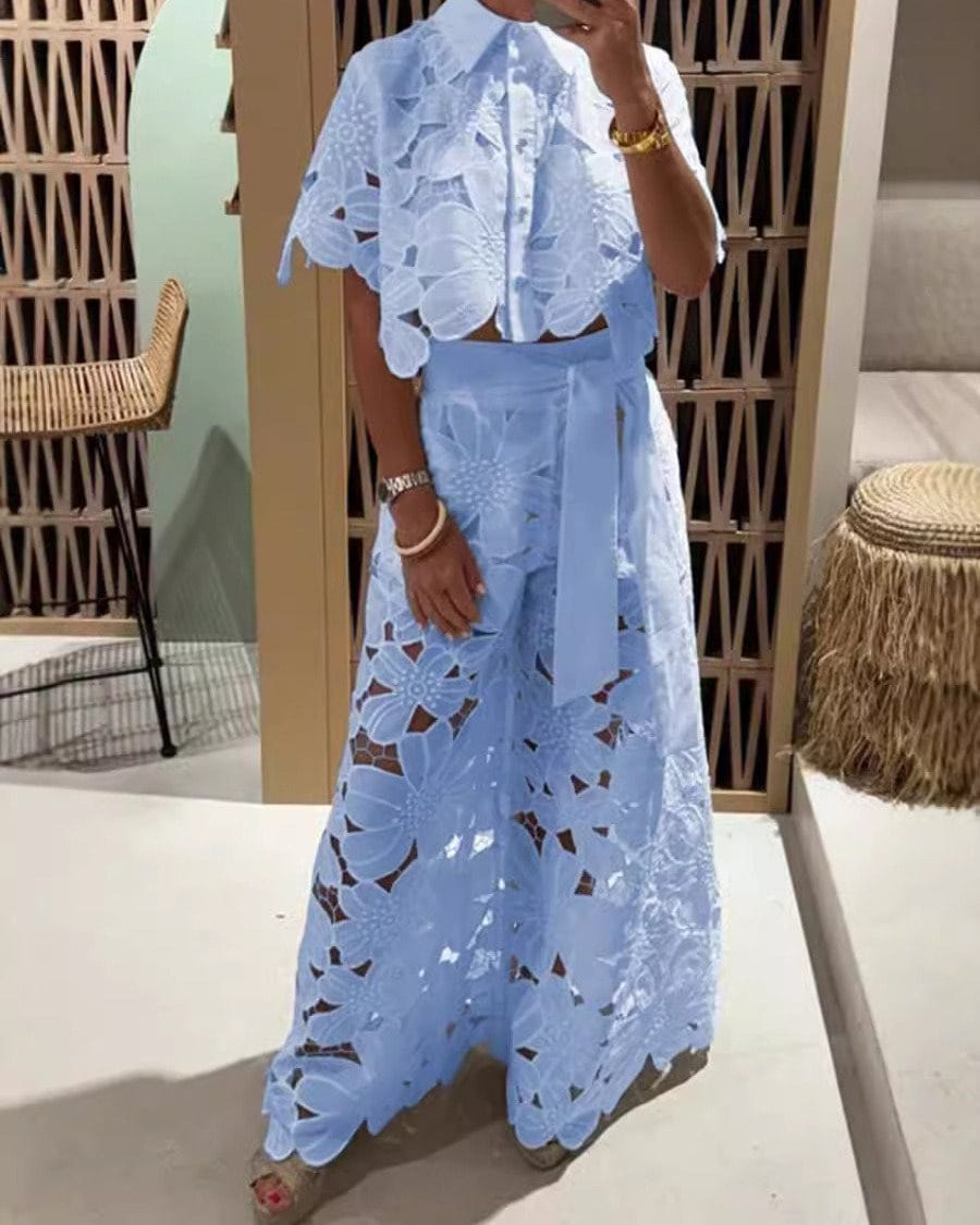 Coralie lace shirt and wide-leg trousers set in light blue