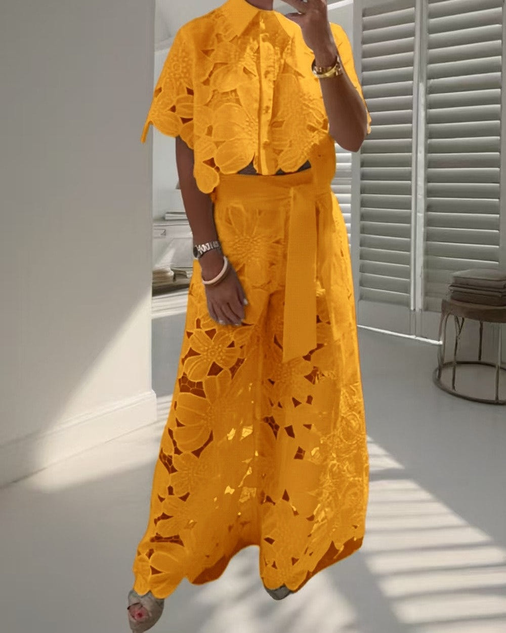 Coralie lace shirt and wide-leg trousers set in orange