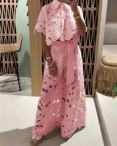 Coralie lace shirt and wide-leg trousers set in pink