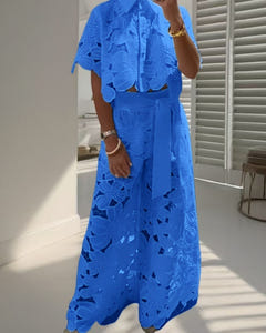 Coralie lace shirt and wide-leg trousers set in royal blue