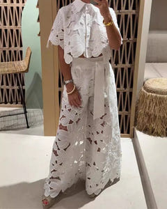 Coralie lace shirt and wide-leg trousers set in white
