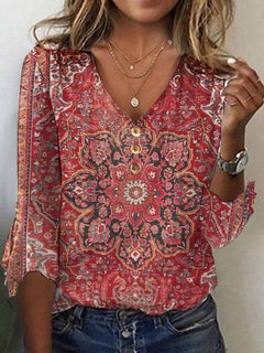 Mandy | Red Print V-Neck 3/4 Sleeve Top