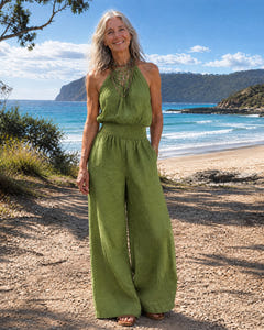 Dagny | Halter-Neck Smocked Linen Jumpsuit on Bruny Island, Green colourway