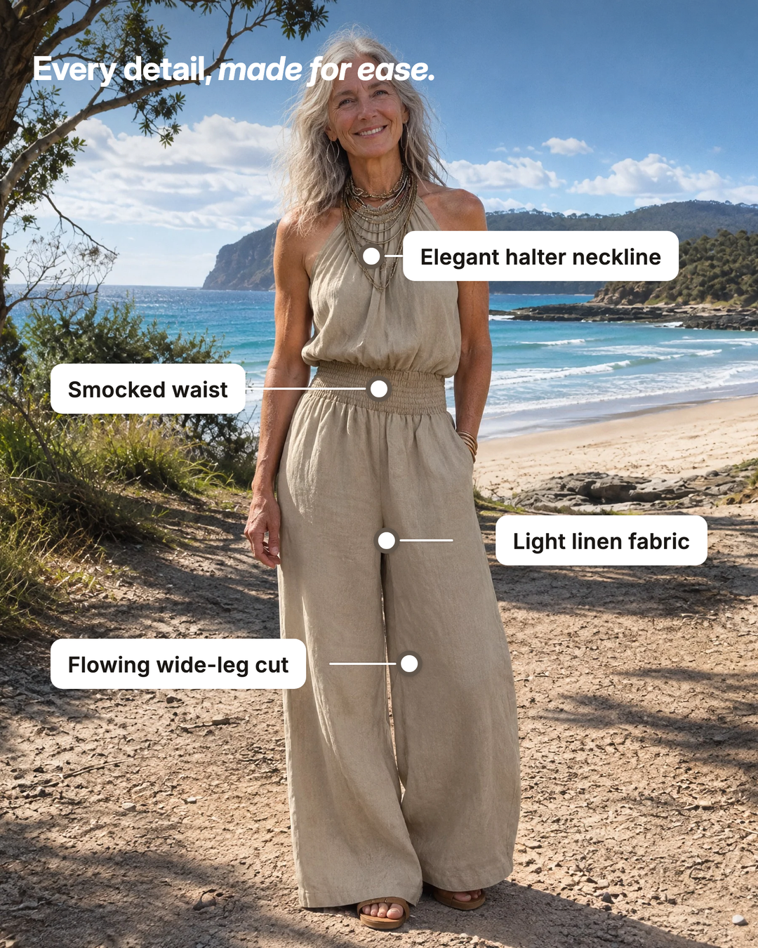 Dagny | Halter-Neck Smocked Linen Jumpsuit details