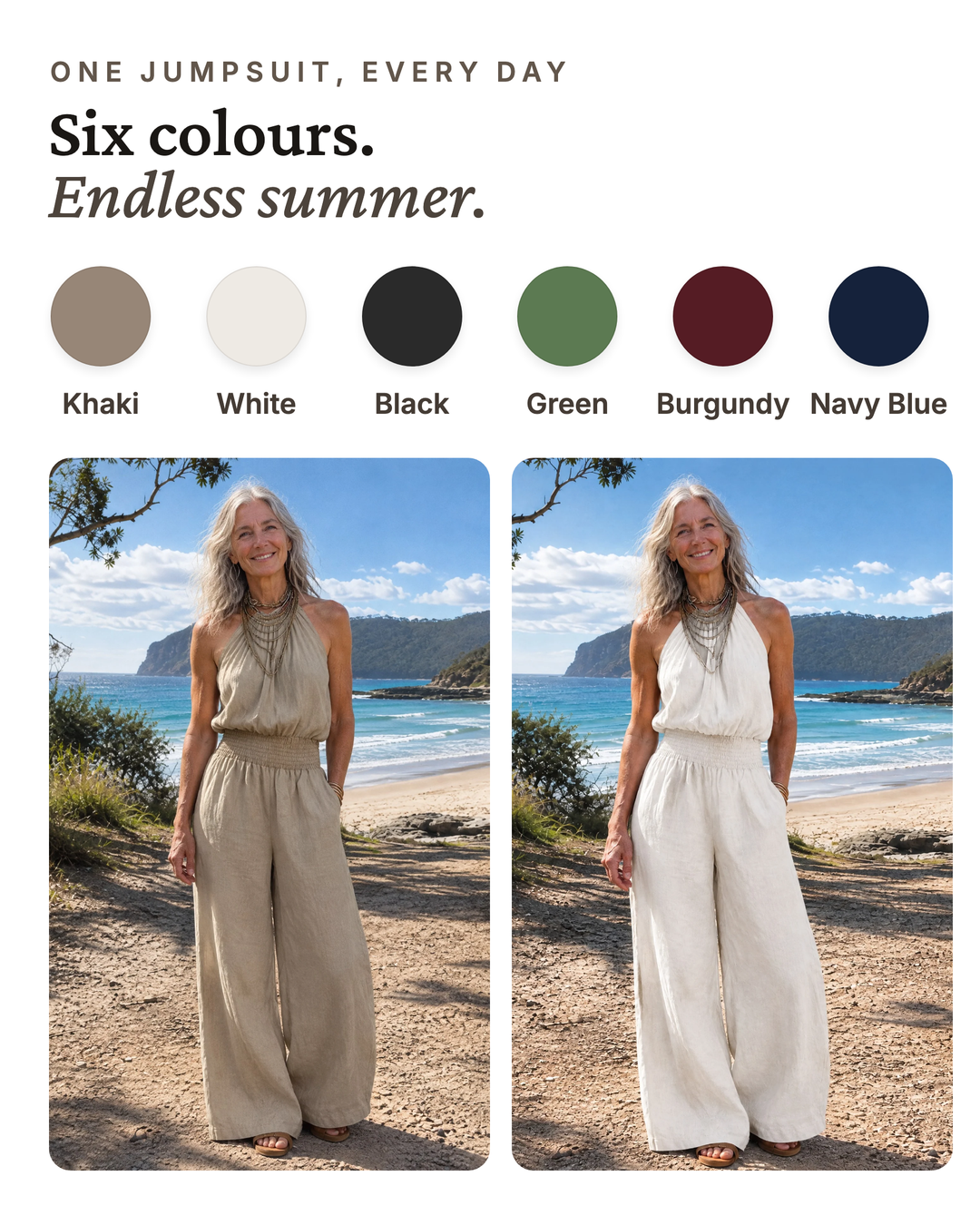 Dagny | Halter-Neck Smocked Linen Jumpsuit available in 6 colours: khaki, white, black, green, burgundy, navy blue