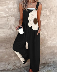 Clover | Daisy Print Wide-Leg Dungarees – Black