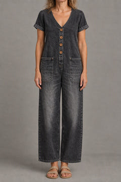 Short-sleeve denim jumpsuit in washed black