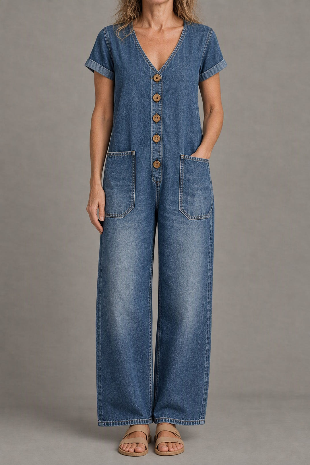 Short-sleeve denim jumpsuit in blue