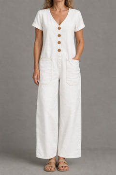 Short-sleeve denim jumpsuit in white