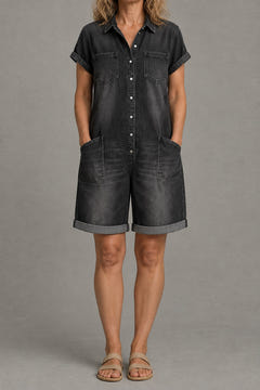 Short-Sleeve Denim Playsuit in black
