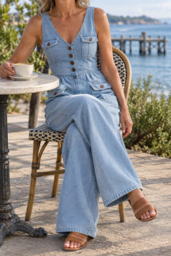 V-neck denim jumpsuit in light blue at a seaside cafe