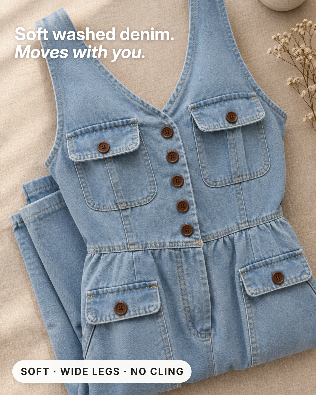 Dottie | V-Neck Denim Jumpsuit fabric close-up