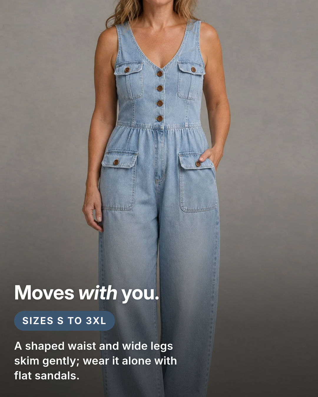 Dottie | V-Neck Denim Jumpsuit fit and sizes