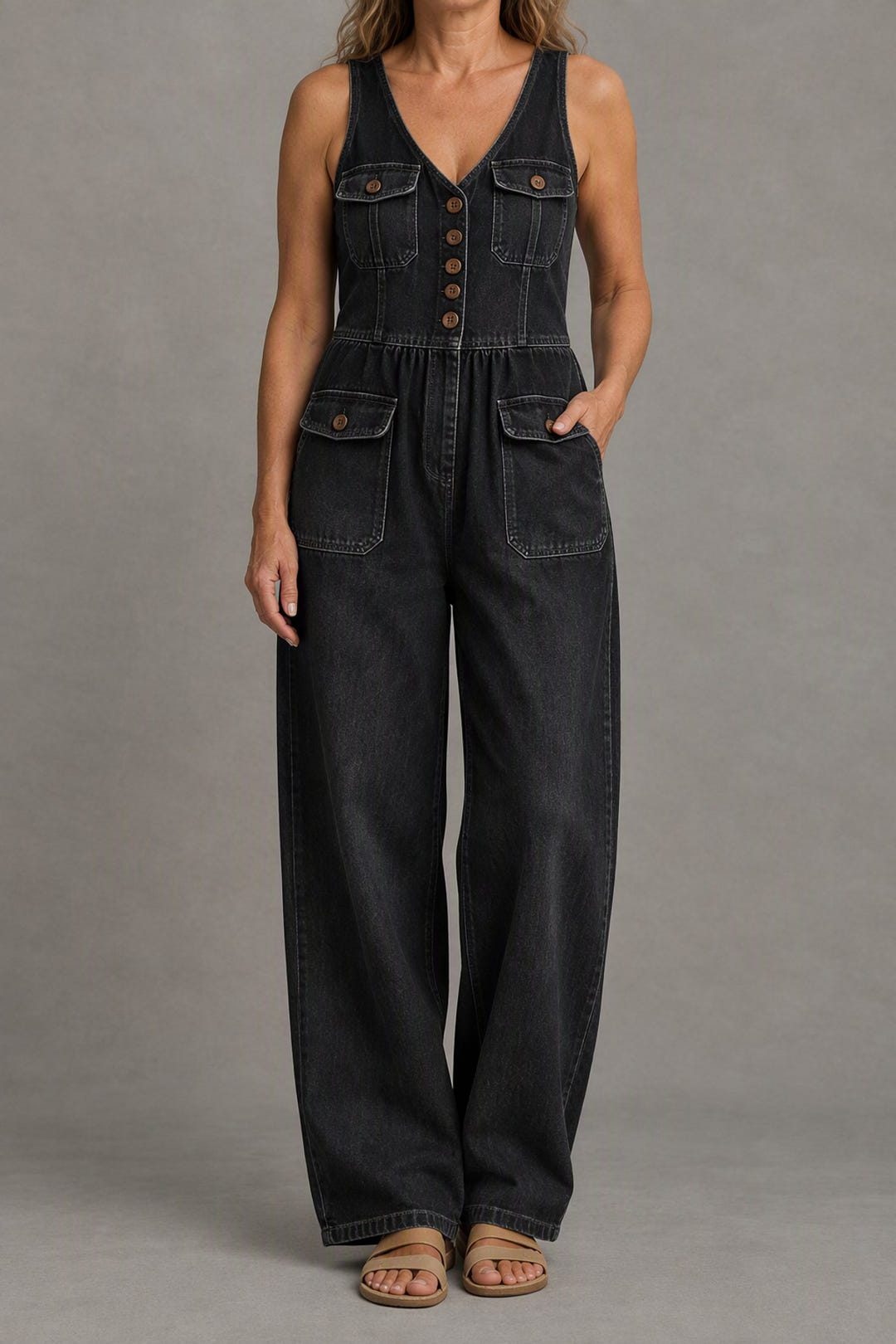 V-neck denim jumpsuit in black