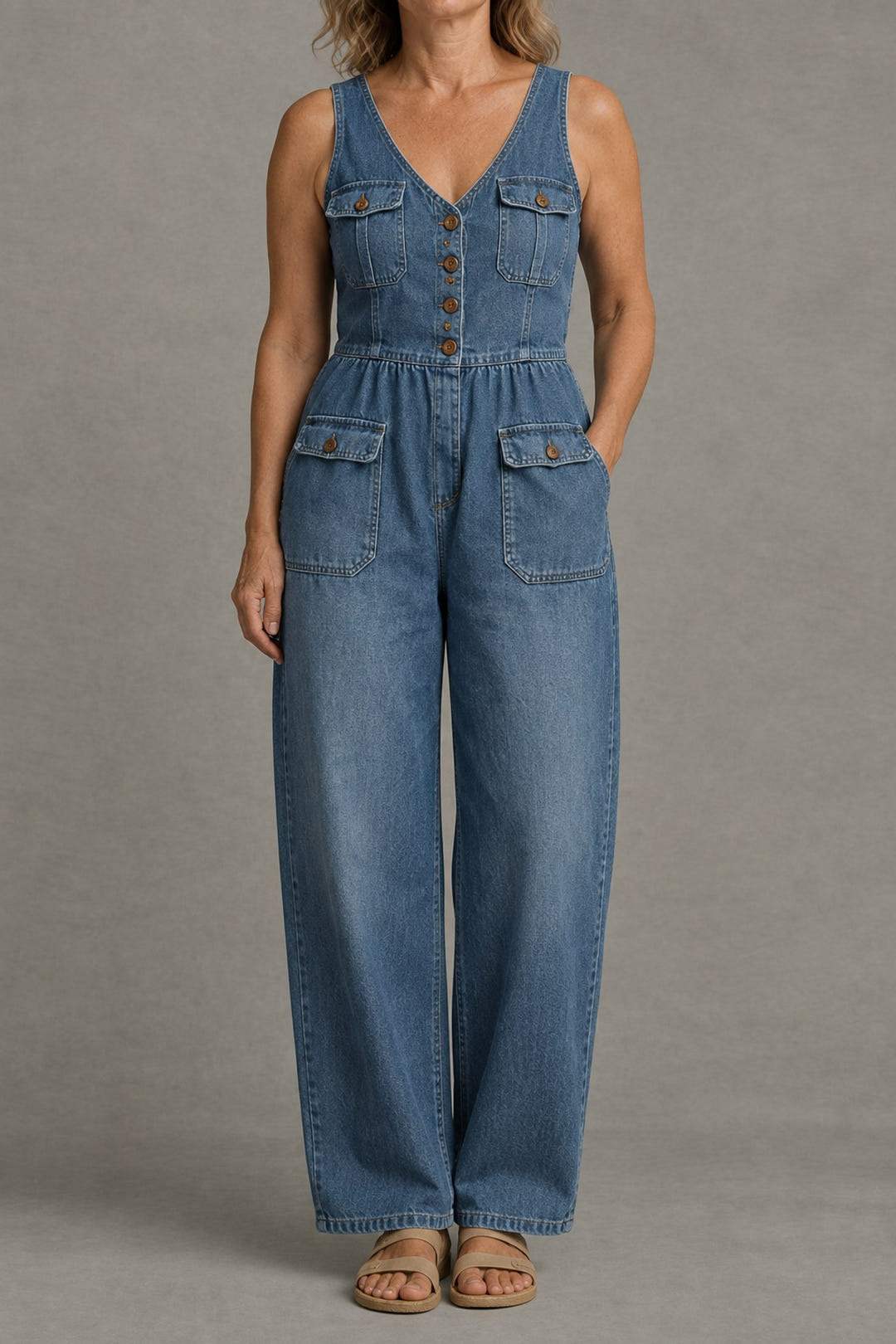 V-neck denim jumpsuit in blue