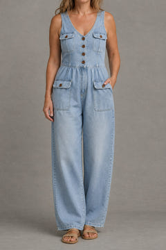 V-neck denim jumpsuit in light blue