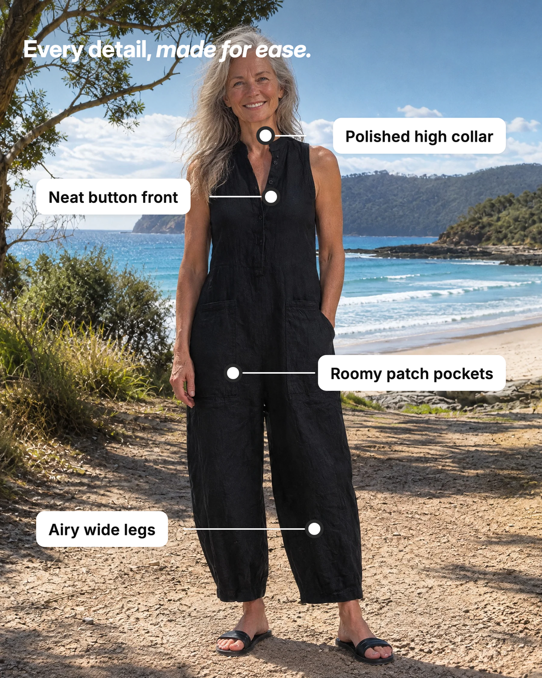 Dulcie | Sleeveless Button-Front Linen Jumpsuit details