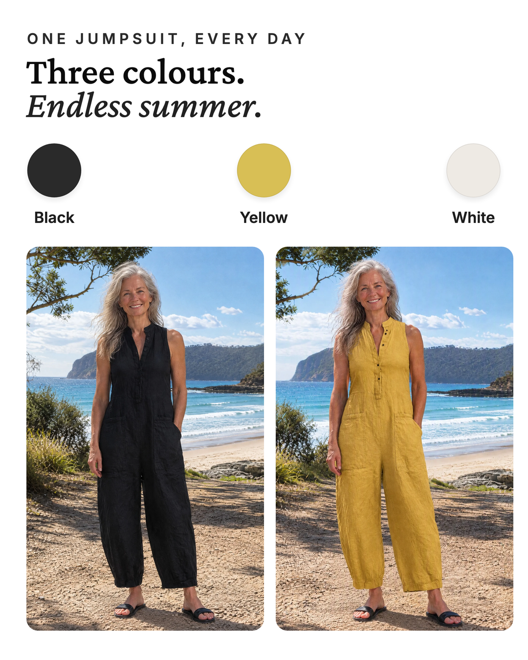 Dulcie | Sleeveless Button-Front Linen Jumpsuit available in 3 colours: black, yellow, white